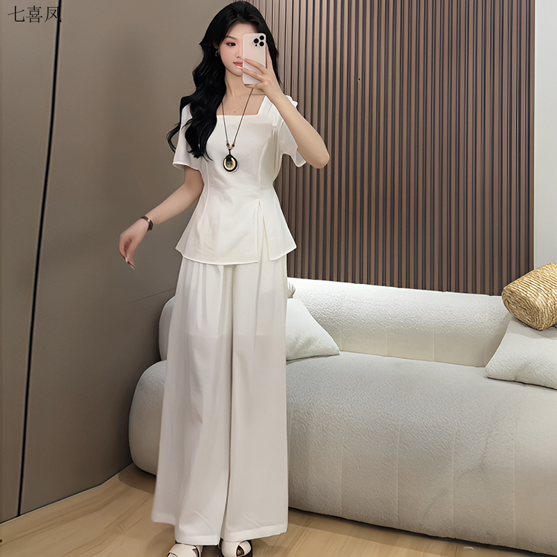 官图2025夏季法式套装方领开叉上衣女+高腰半松紧阔腿裤百搭套装