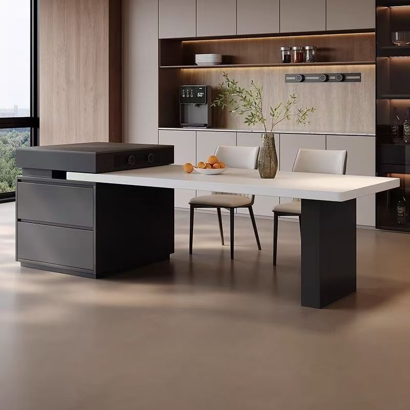 伸缩岛台餐桌一体加厚下挂岩板现代简约餐厅家用高端中岛餐桌