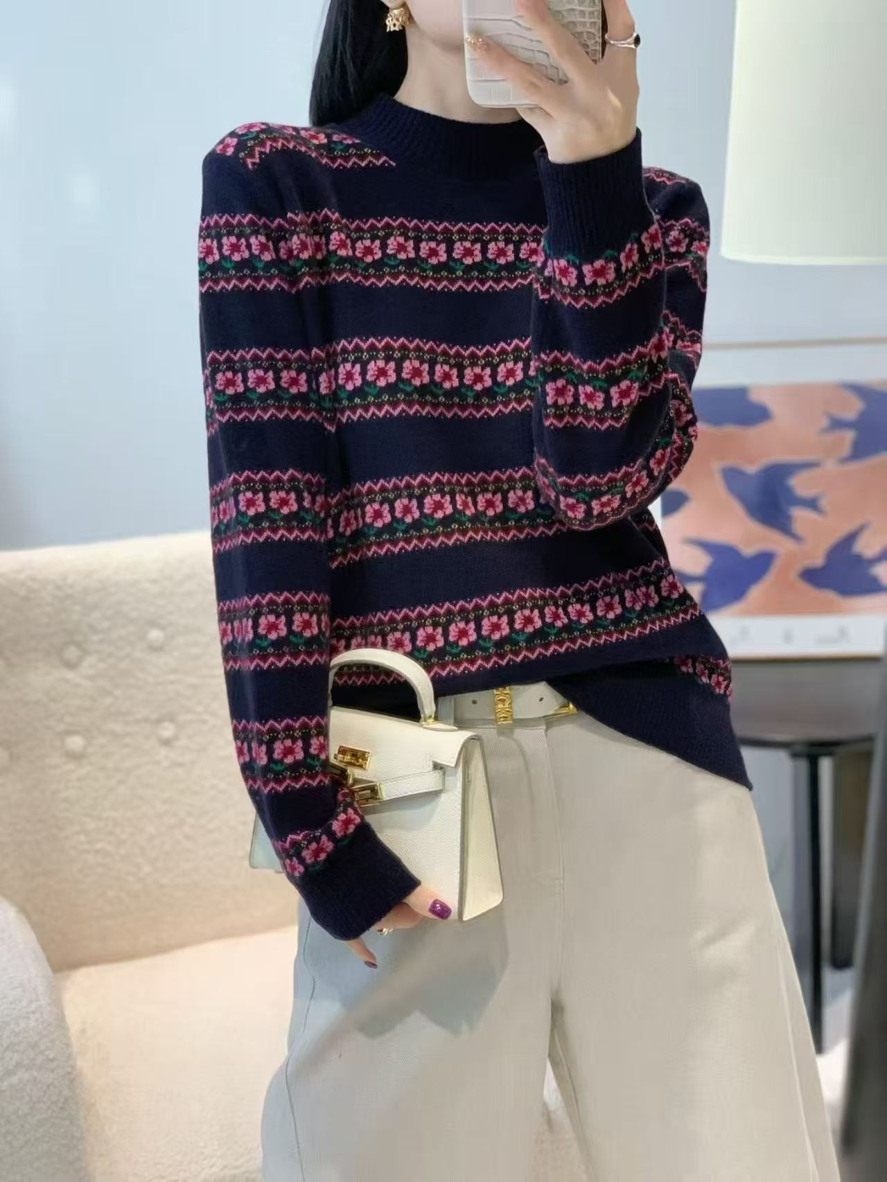 1104【紫 桃花朵朵开】高领针织长袖针织衫毛衣