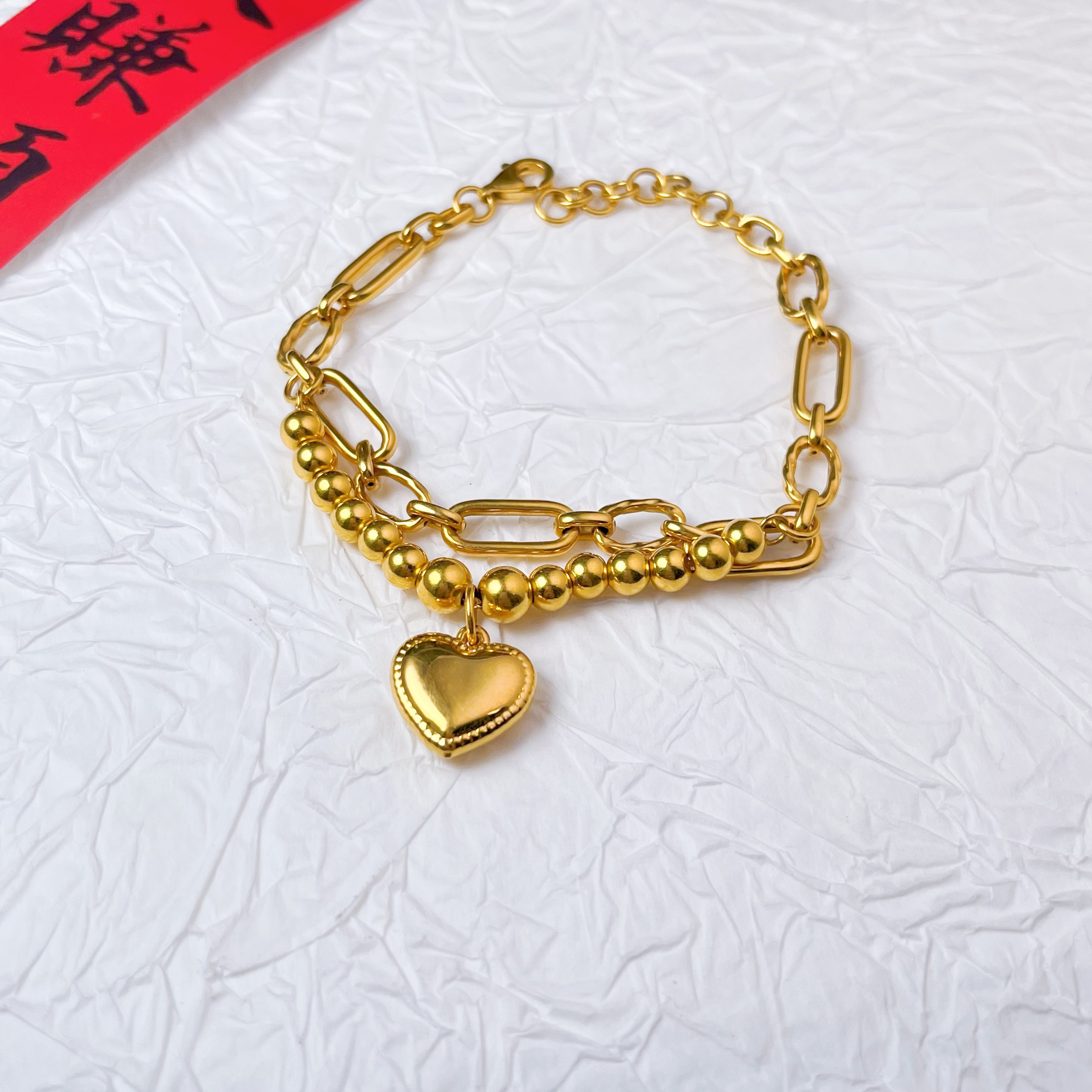 足金999黄金5D无氰工艺爱心百搭时尚手链