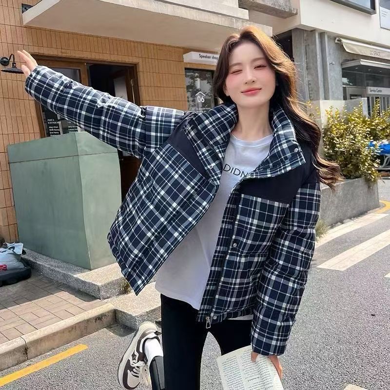 2025新款棉服时尚洋气撞色格子学院复古小个子