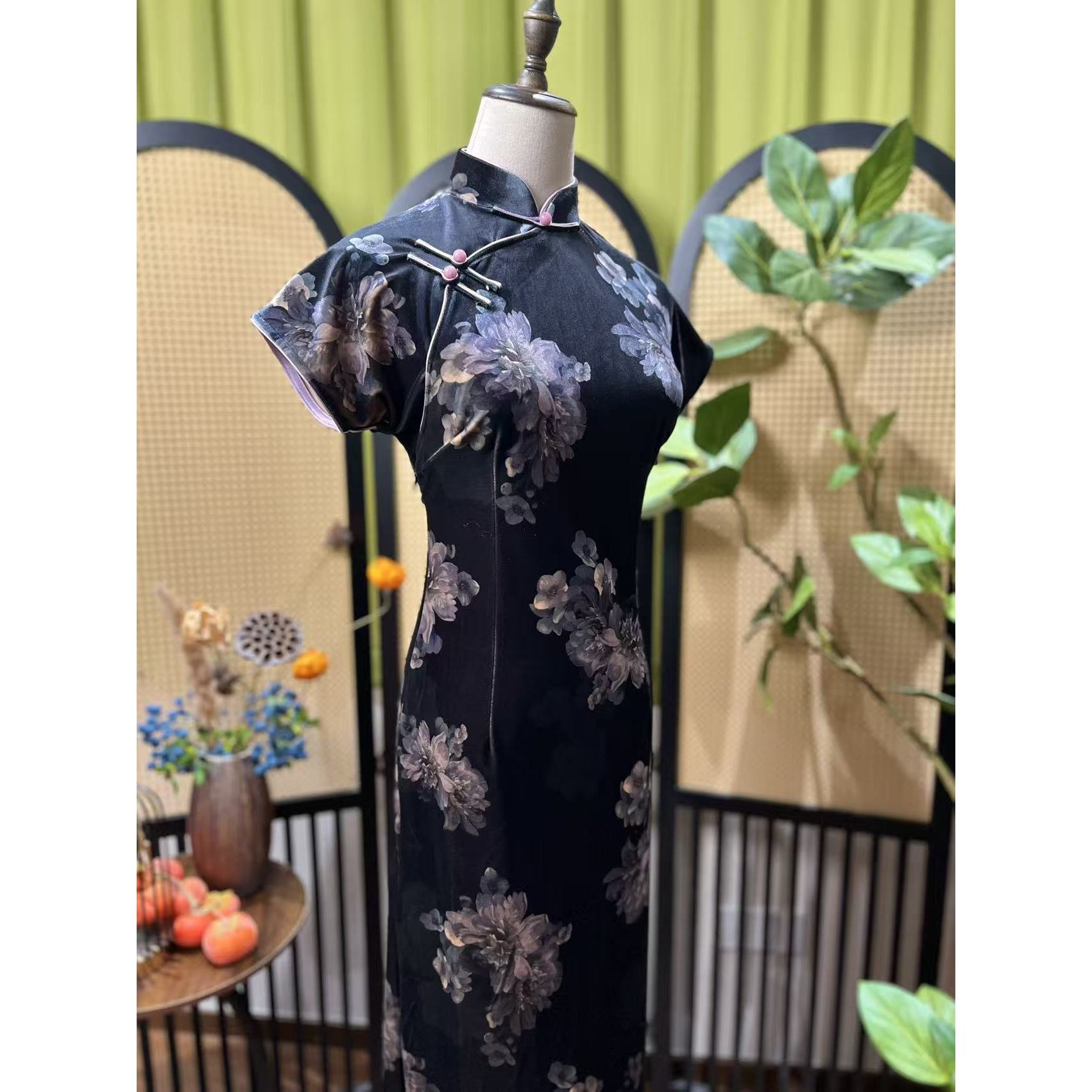 戚薇原创【烟如黛】长120左右新款新中式国风早秋款单层丝绒旗袍