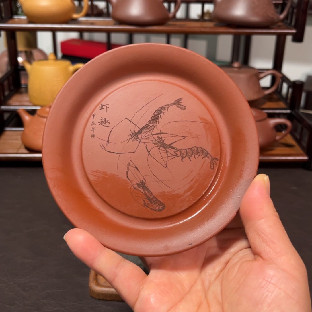 紫砂茶壶紫泥刻绘壶承