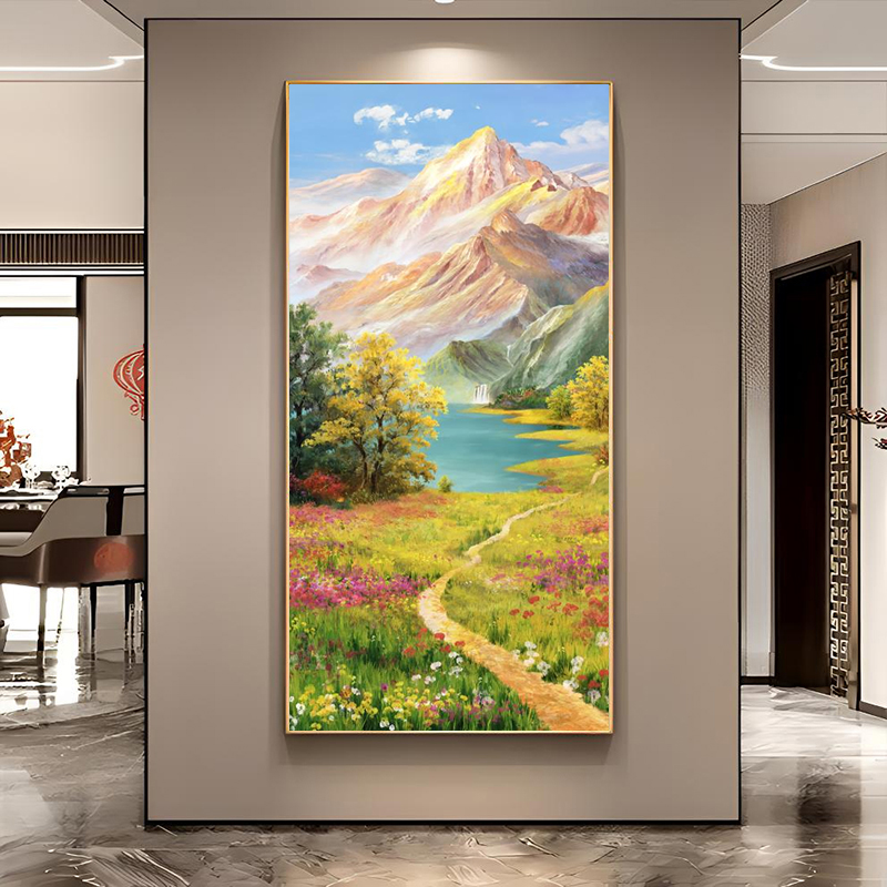 金山聚宝盆客厅玄关装饰画高级感镶钻过道挂画山水风景招财壁画
