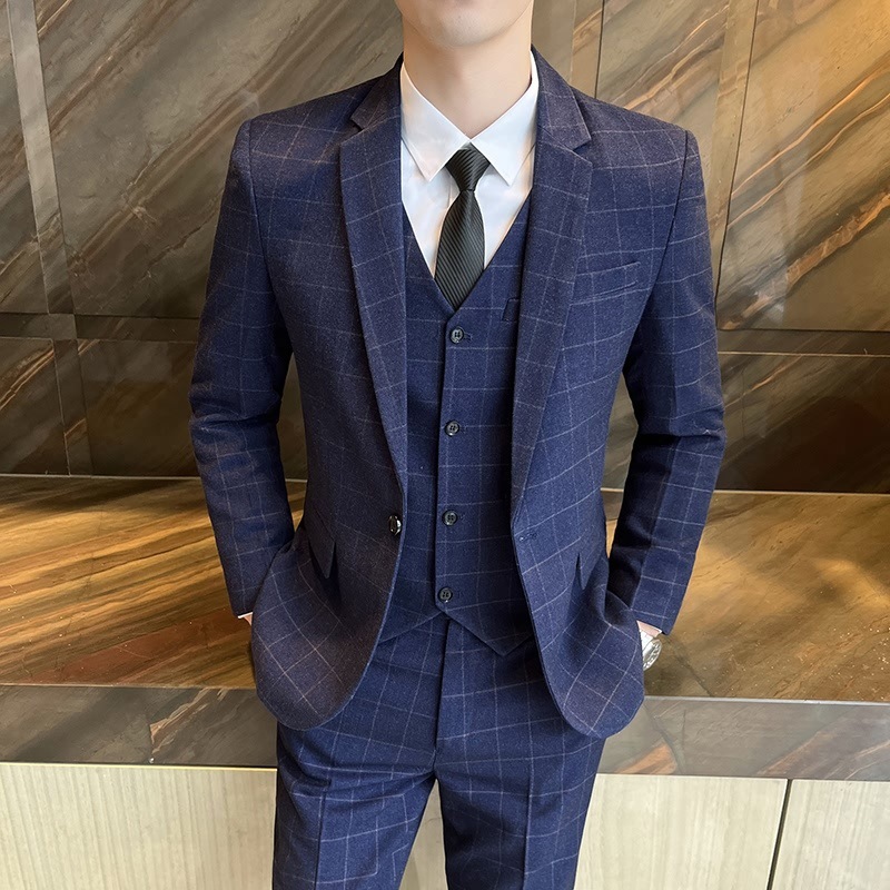 男士格纹西装套装单粒扣西服修身商务婚礼新浪
