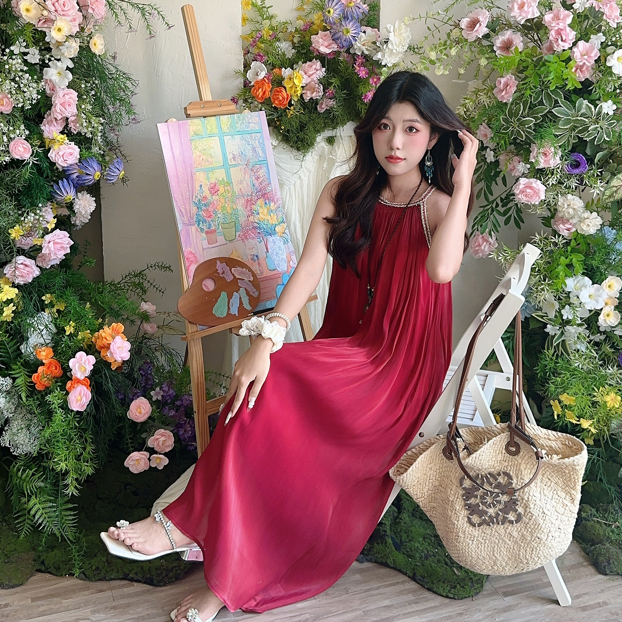 韩系小众撞色流苏挂脖背心长裙子女高级感御姐拼接网纱连衣裙子潮