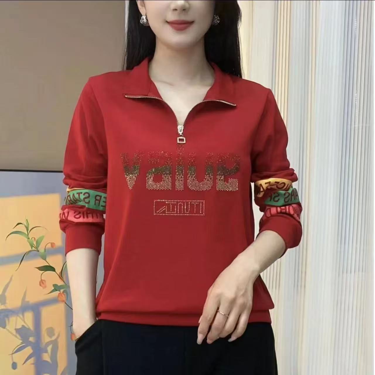 卫衣女2025春季新款中年妈妈装洋气拉链领字母烫钻休闲百搭上衣女