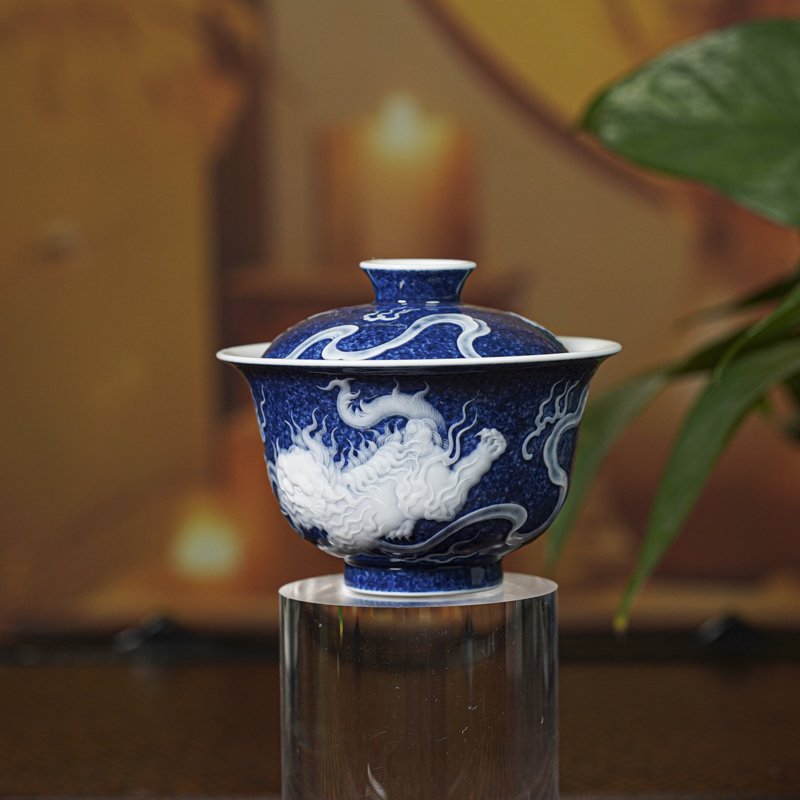 【瓷见如故】初蓝舍洒蓝双狮盖碗 cls174