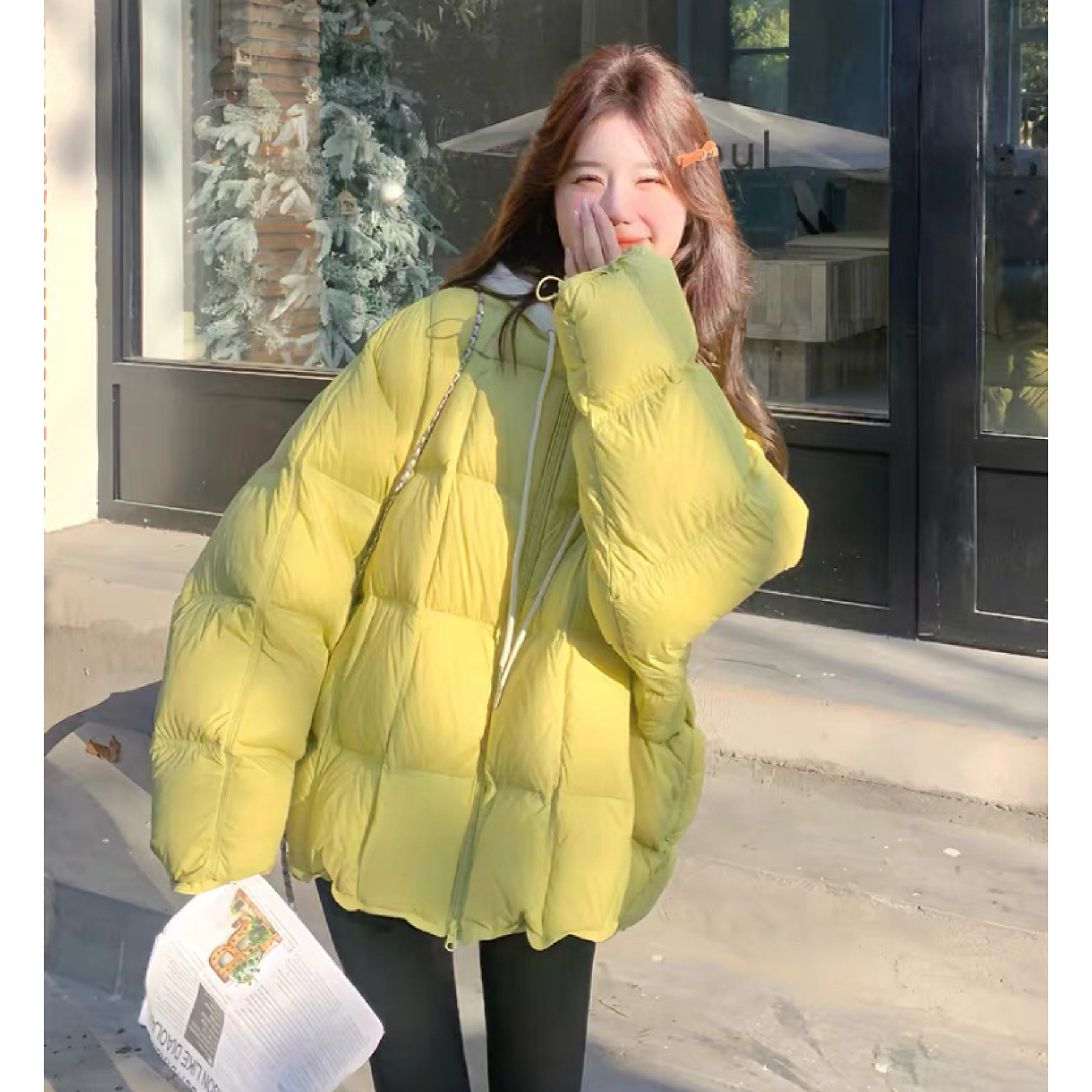 泡芙棉服女圆领棉服定格棉衣2025冬季新短款加厚云朵方格学生外套