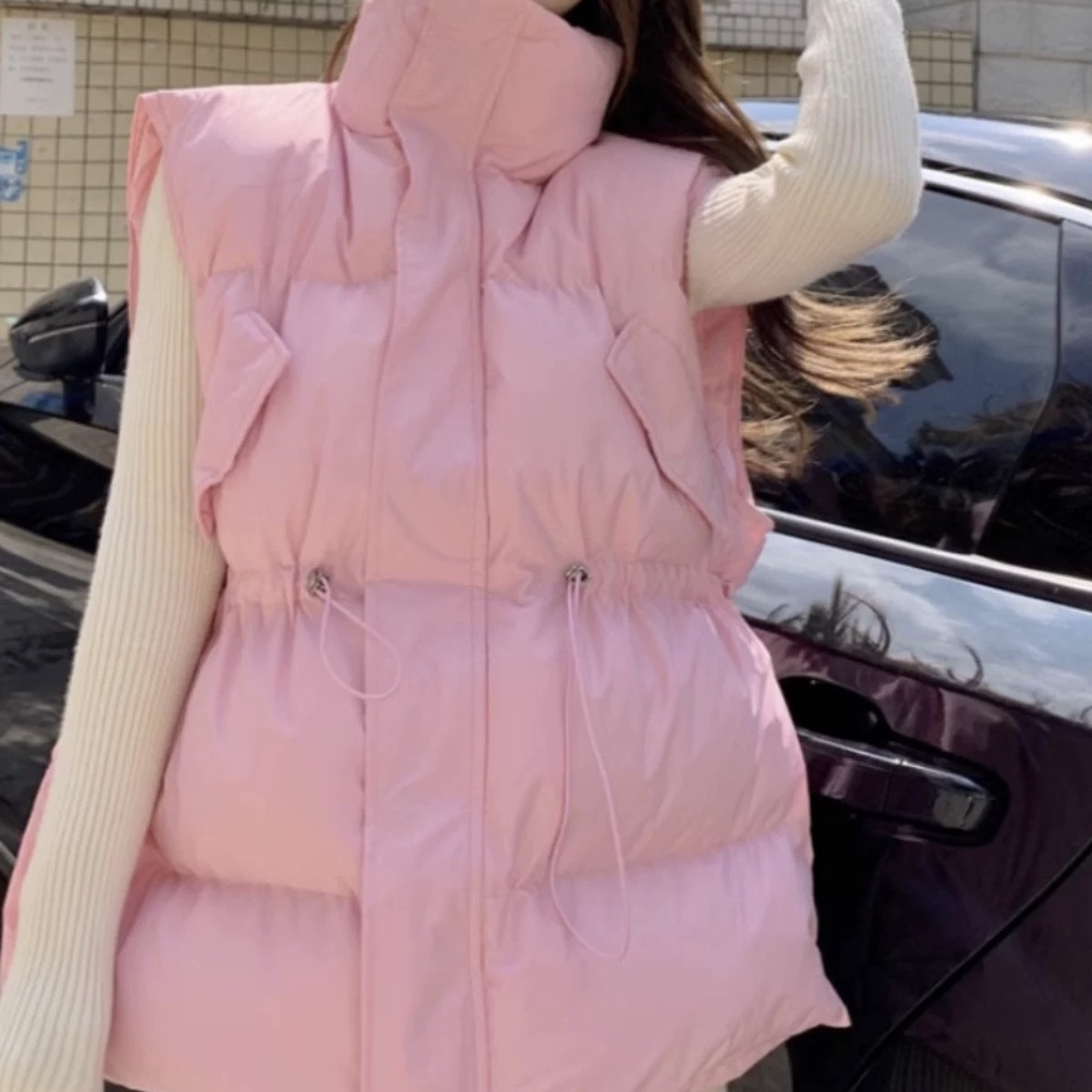 棉马甲大版宽松抽绳中长款东大门新款女短款立领宽松抽绳百搭女士