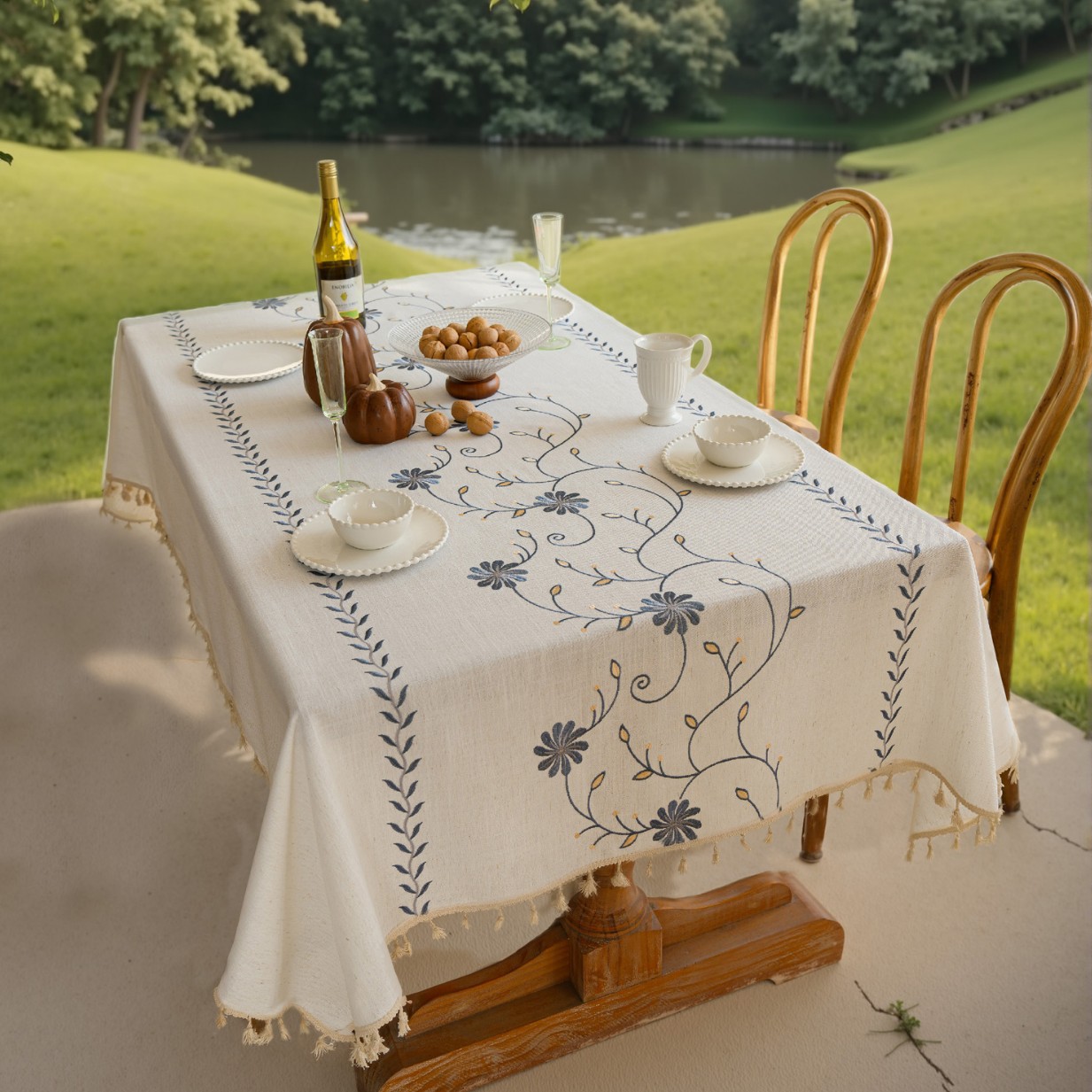 长方形餐桌布艺果实绣花桌布棉麻文艺庭院户外茶几布防滑现代简约