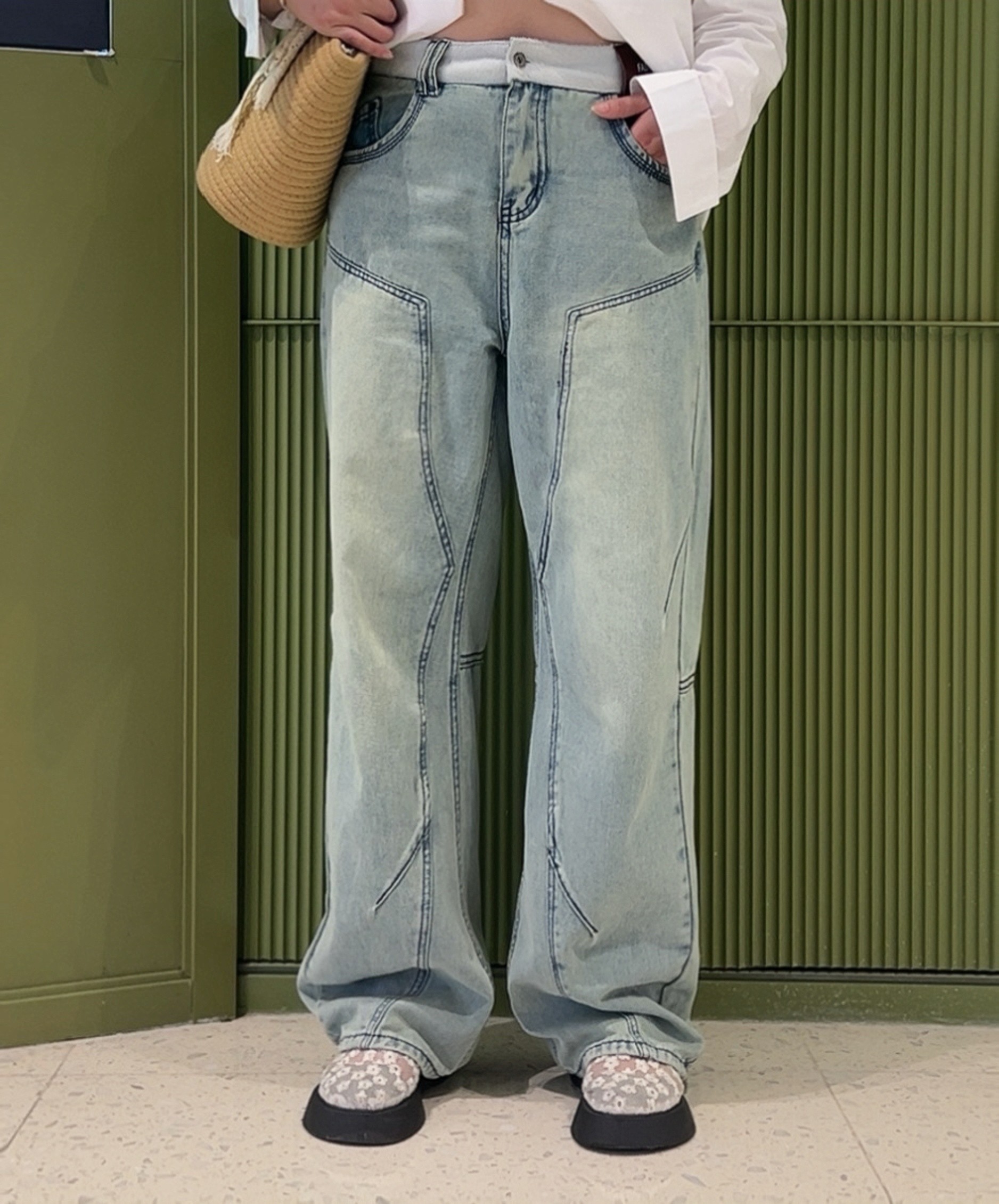 胖乎乎大码女装洋气时尚阔腿牛仔裤高腰宽松显瘦直筒拼接弯刀裤