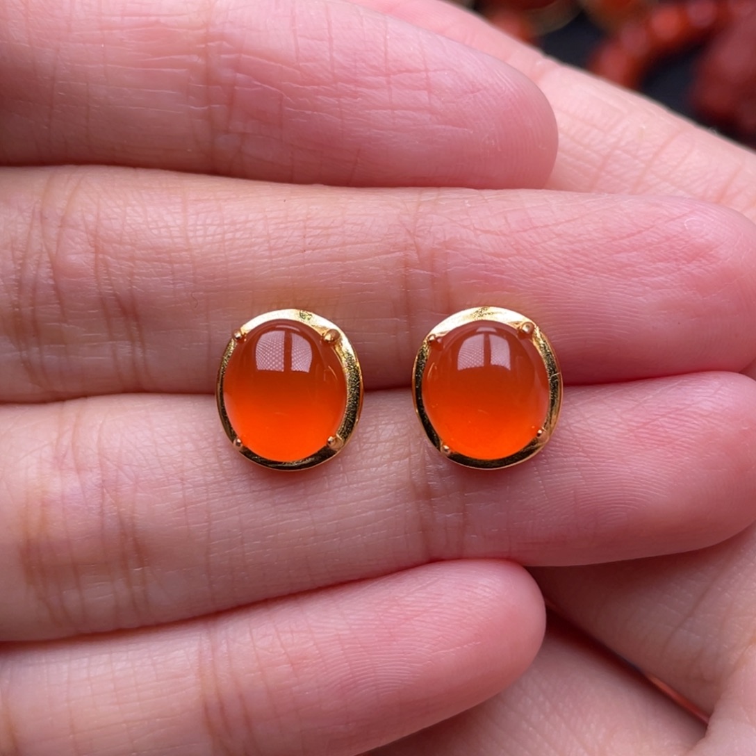 南红玛瑙银S925镶嵌珠宝奇石耳钉