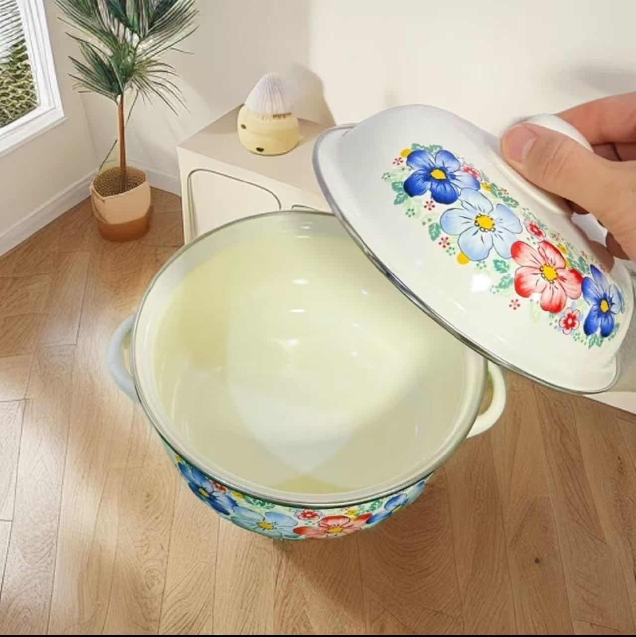 20cm珐琅搪瓷蒸锅炖锅双耳奶锅 花色双耳盛夏