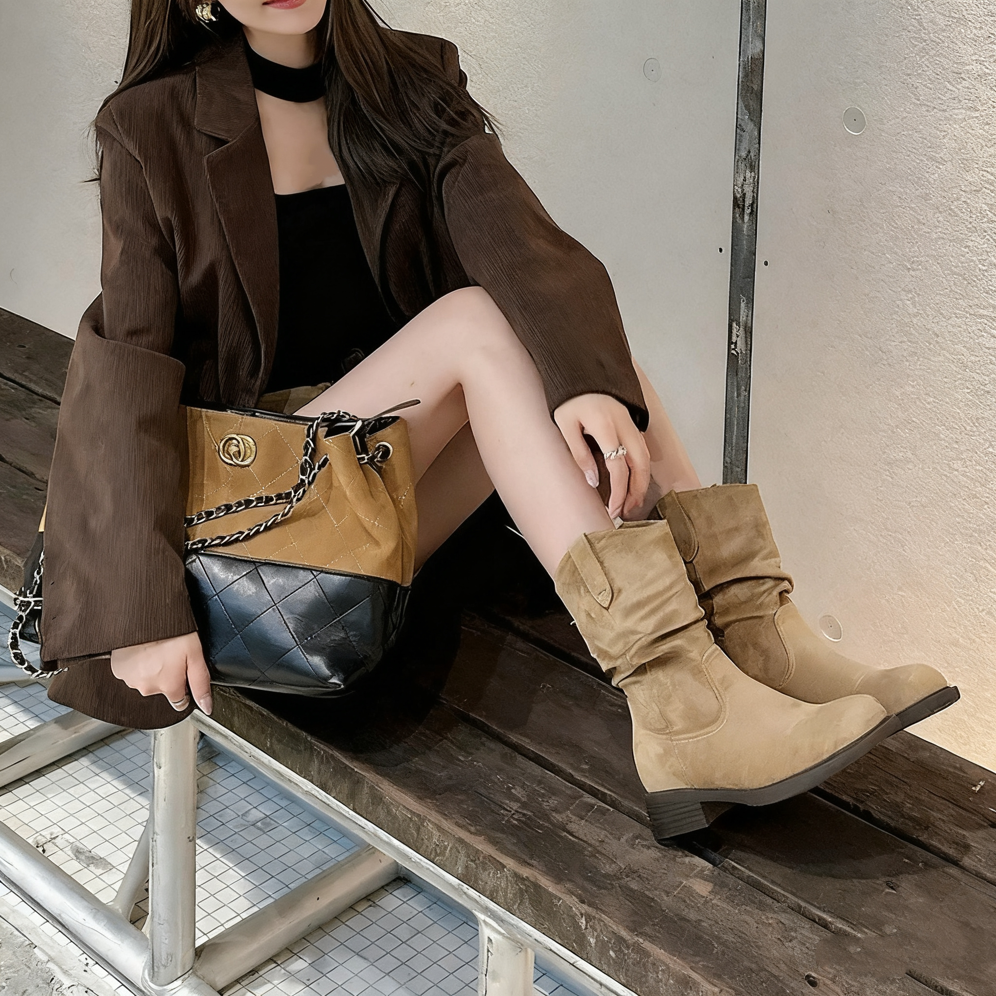 【平增高8cm】美拉德V扣堆堆靴女中筒显瘦褶皱复古女靴