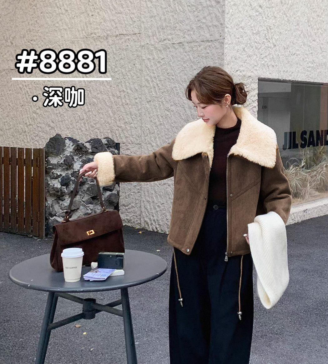 8881韩系ins风翻领百搭时尚皮毛一体机车服