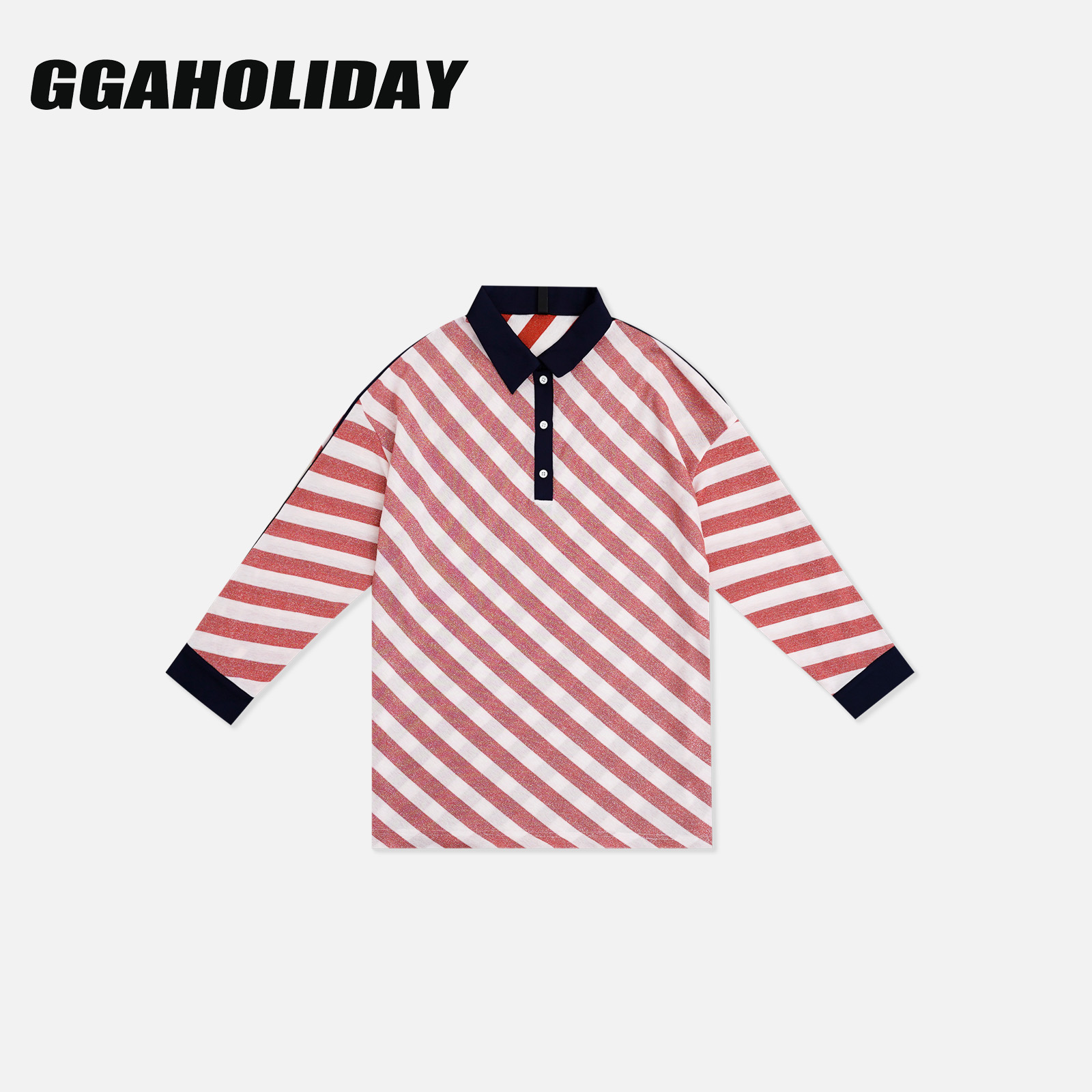 【上新】GGAHOLIDAY时尚复古休闲宽松条纹撞色长袖POLO衫T恤-153018