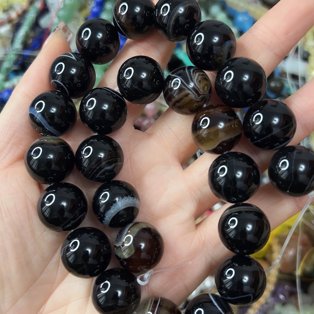 玛瑙/玉髓合金珠宝半成品 卡16黑玛瑙缠丝一条