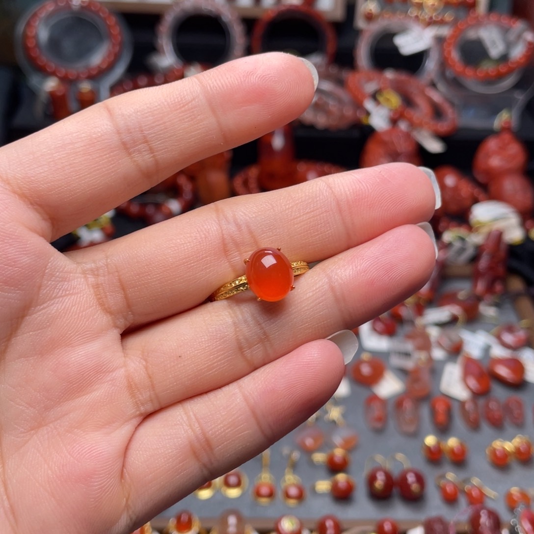 南红玛瑙银S925镶嵌冰红戒指