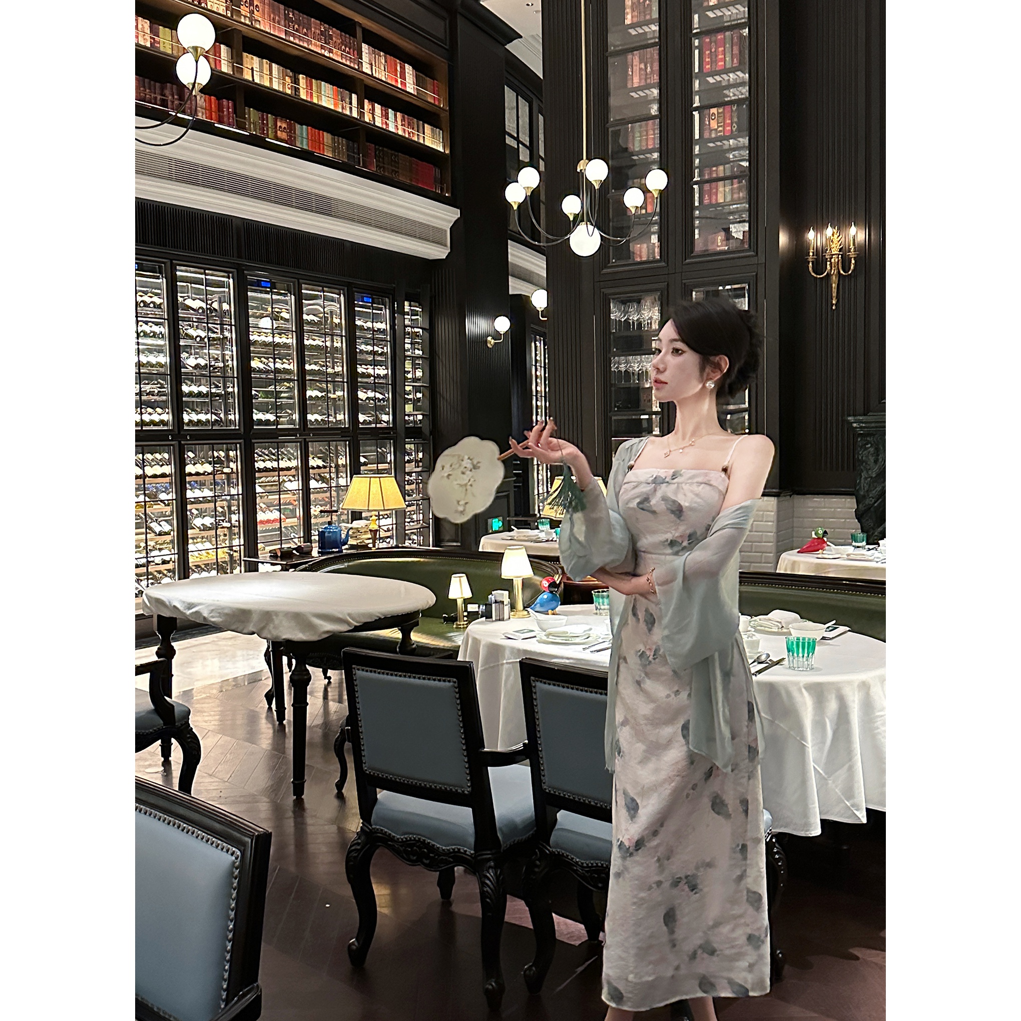 【雅乔定制】荷花仙子 国风印花雪纺吊带连衣裙DYYY-23125159