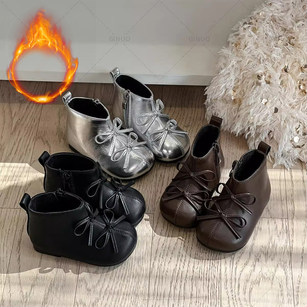 15-25码女宝秋冬公主风小皮靴幼儿软底学步鞋甜美蝴蝶结加绒短靴