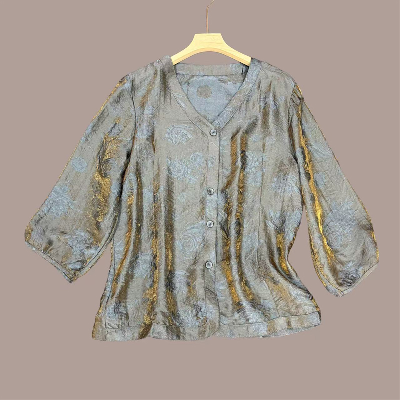 【100%桑蚕丝】秋轻奢山茶花开V领七分袖女士气质上衣美美小衫外套