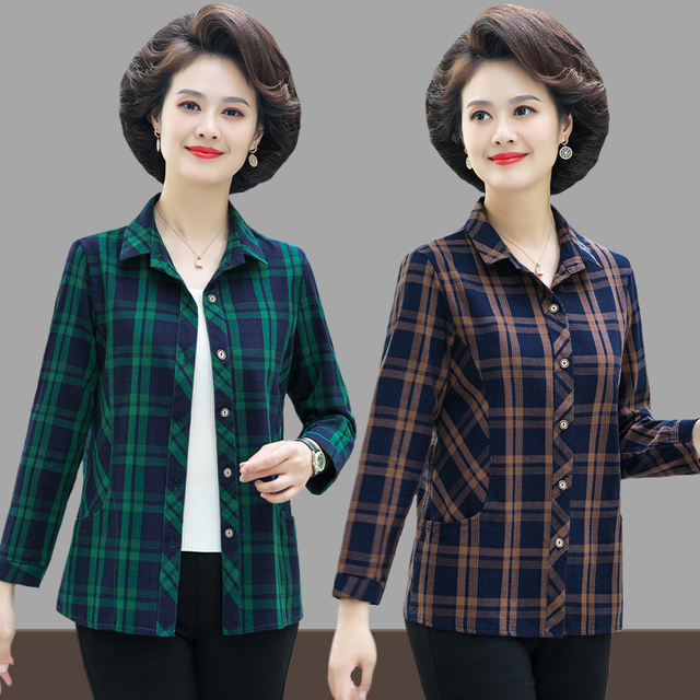 中老年春秋长袖衬衫女新款高档纯棉上衣妈妈装格子全棉衬衣薄外套