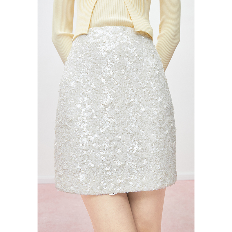 【诗语专属】MandyZhang高级感重工珠片白色半身裙女秋短裙