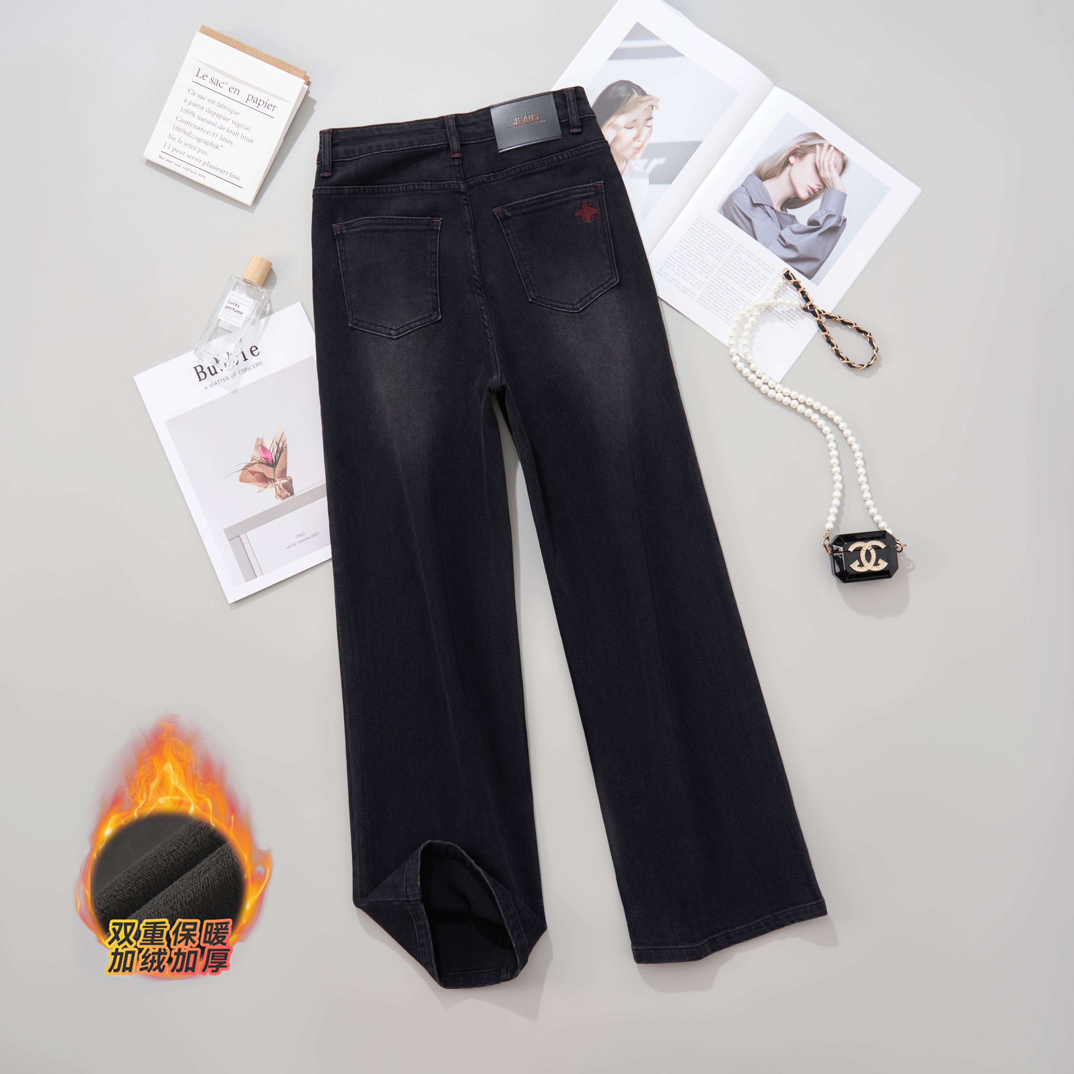 秋冬弹力厚款加绒显瘦高腰直筒黑色牛仔裤女