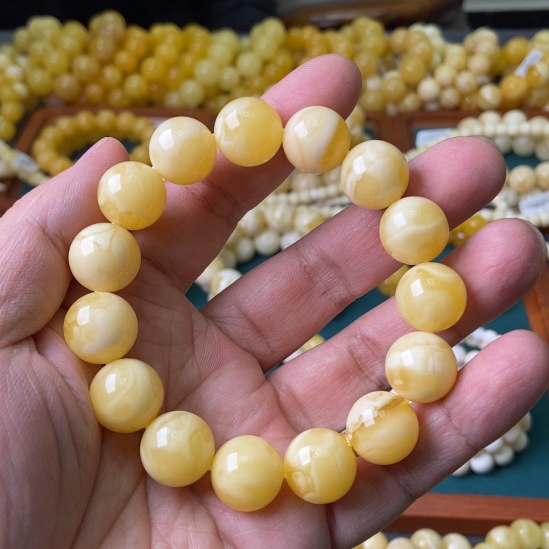 琥珀珠宝奇石未镶嵌15白花蜡手串28.37
