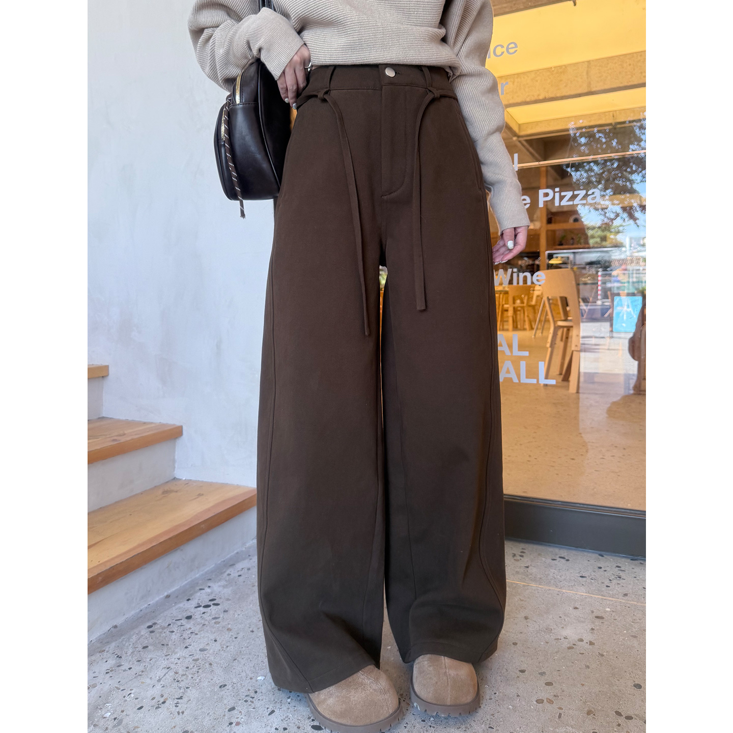 尔给秋冬480克加厚银狐绒休闲阔腿小弯刀裤女宽松垂感显瘦长裤