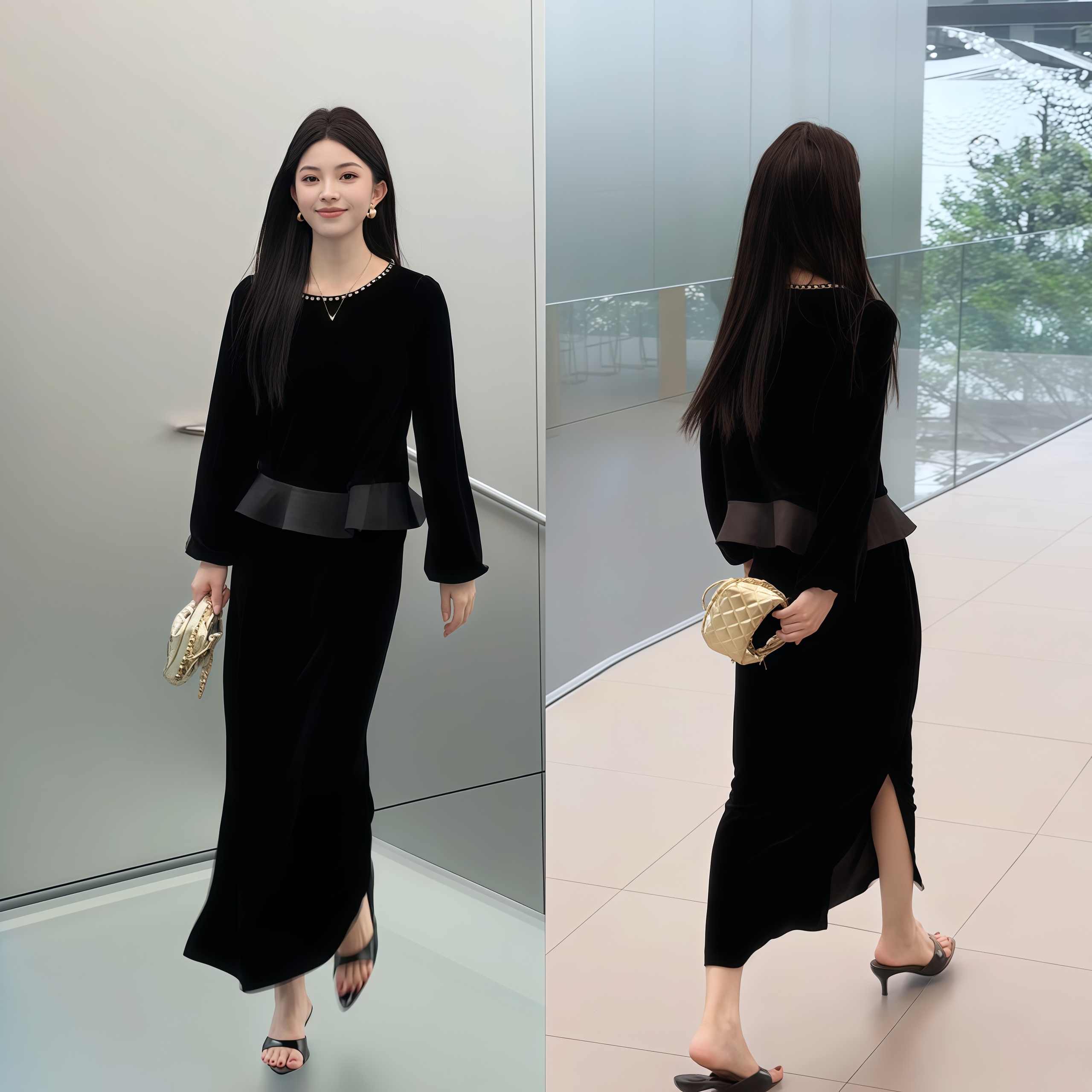 2025秋装新款时尚百搭两件套高级显瘦丝绒连衣裙套装女知性风衣服