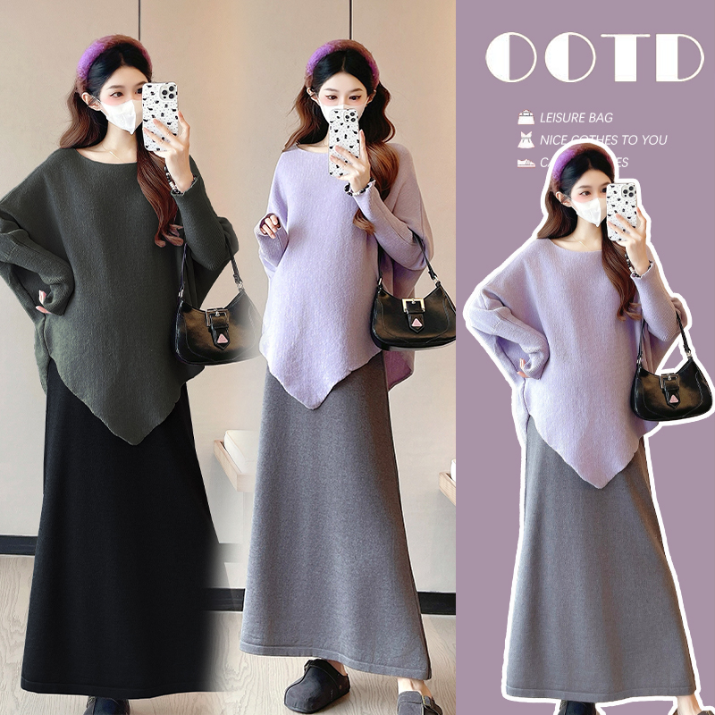 【优质款】孕妇装套装秋冬季蝙蝠袖毛衣针织衫上衣+半身裙两件套装