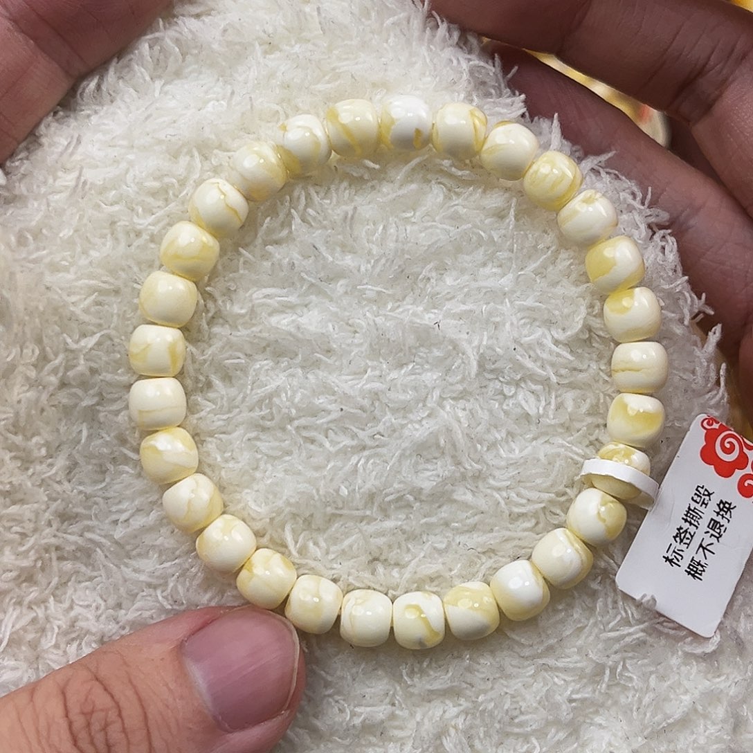 蜜蜡未镶嵌手串瓷白蜡闪电纹7mm*6.5mm精工高桩