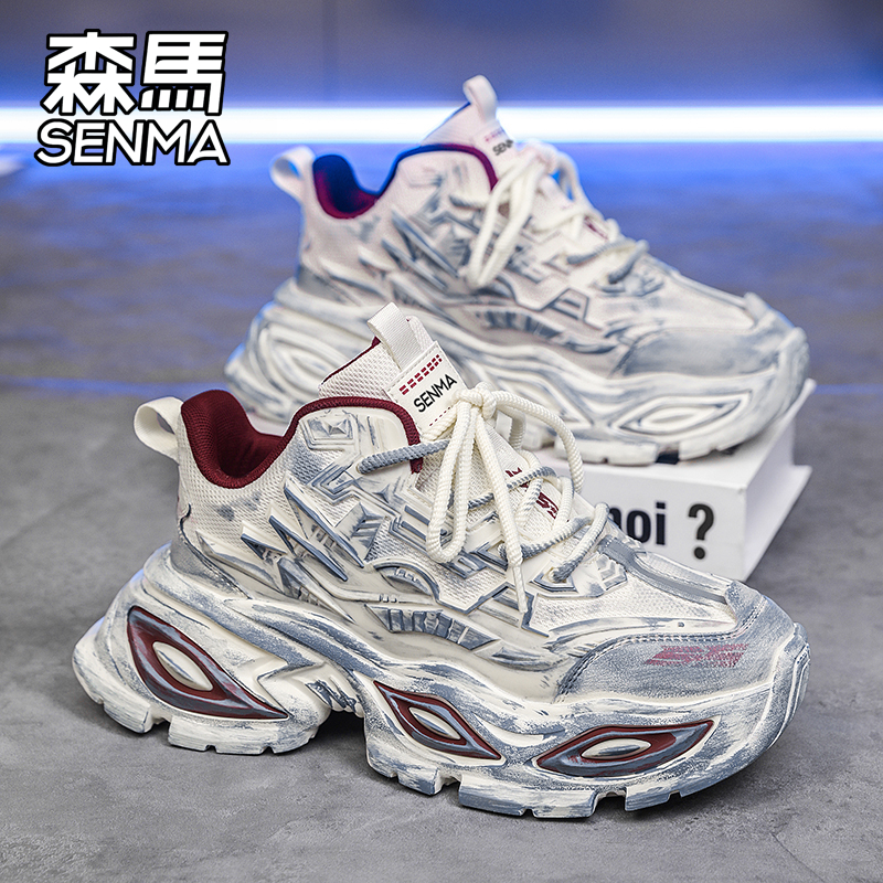 森马8cm增高复古做旧老爹鞋男款2025冬季新款中帮厚底休闲运动鞋