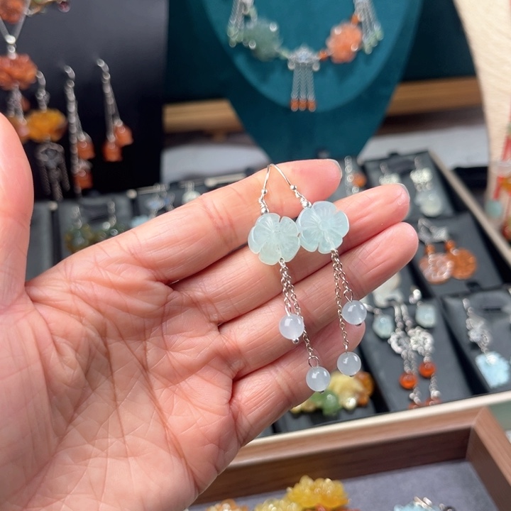 蛇纹石玉耳饰银S925镶嵌