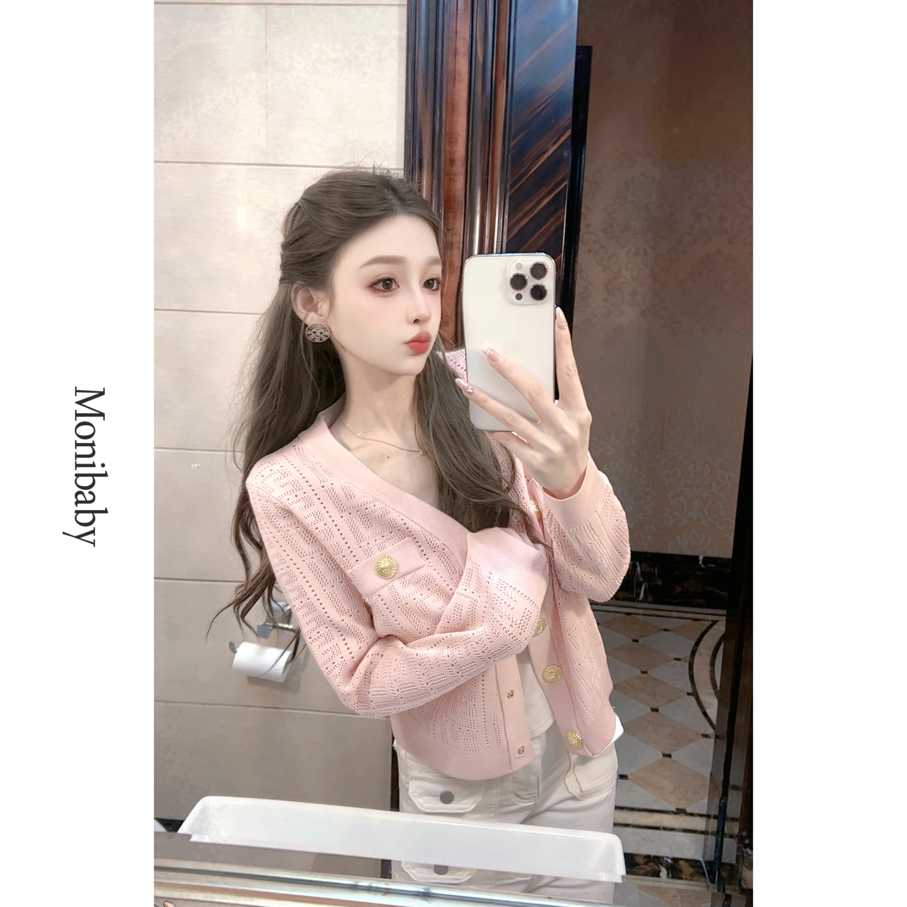 Moni【贵感松弛搭】早秋气质小香风提花单排金属扣开衫针织外套