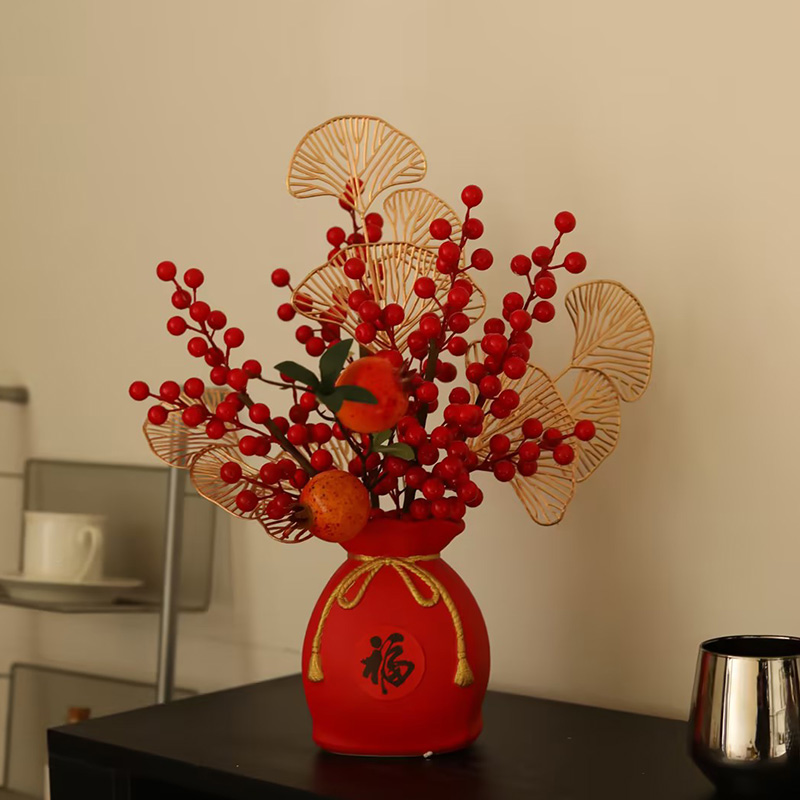 红果石榴红福袋假花仿真花餐桌花电视柜茶几玄关摆件家居装饰摆设