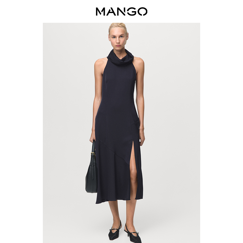 MANGO女装连衣裙2025秋装新款时尚辣妹荡领无袖露肩开叉连衣裙