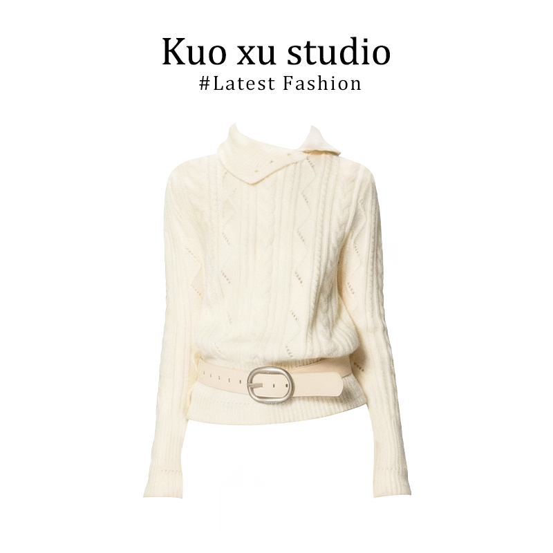 2025秋冬季韩系复古翻领长袖毛衣女显瘦设计感上衣高腰a字半身裙