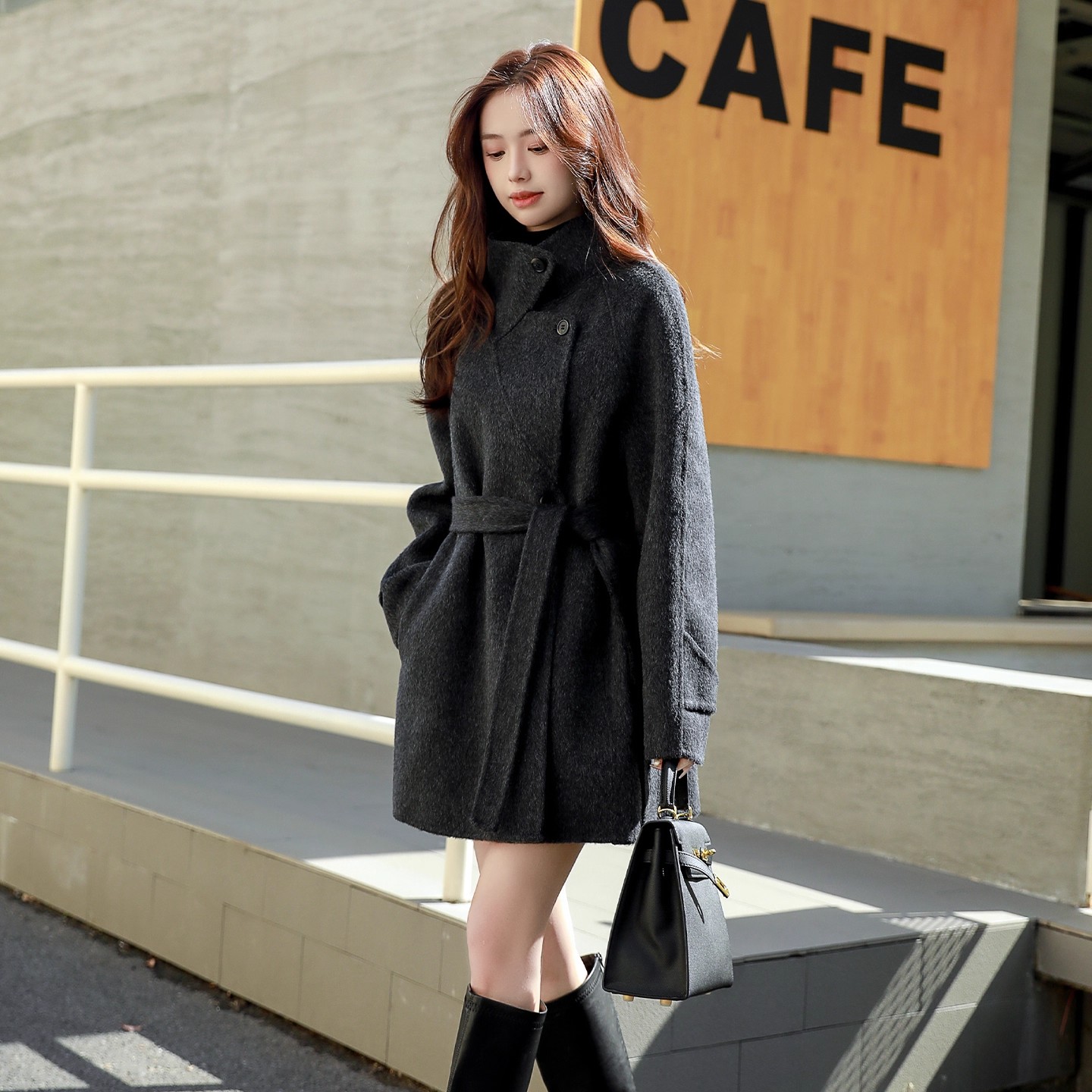 拉夏贝尔双面羊毛大衣女小个子2025秋冬新款中长款立领新中式外套
