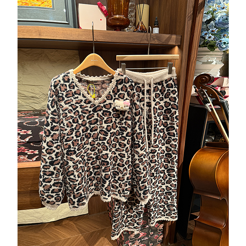 米诗缇【带公仔豹纹咖色】小众潮牌设计师可外穿长袖长裤睡衣家居服