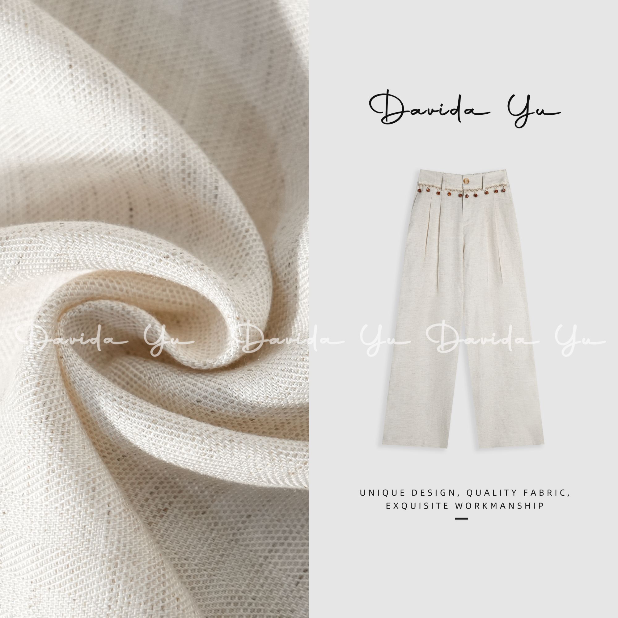 Davida Yu【香格里拉】天丝+麻 纯手工缝制串珠度假老钱直筒裤W5051