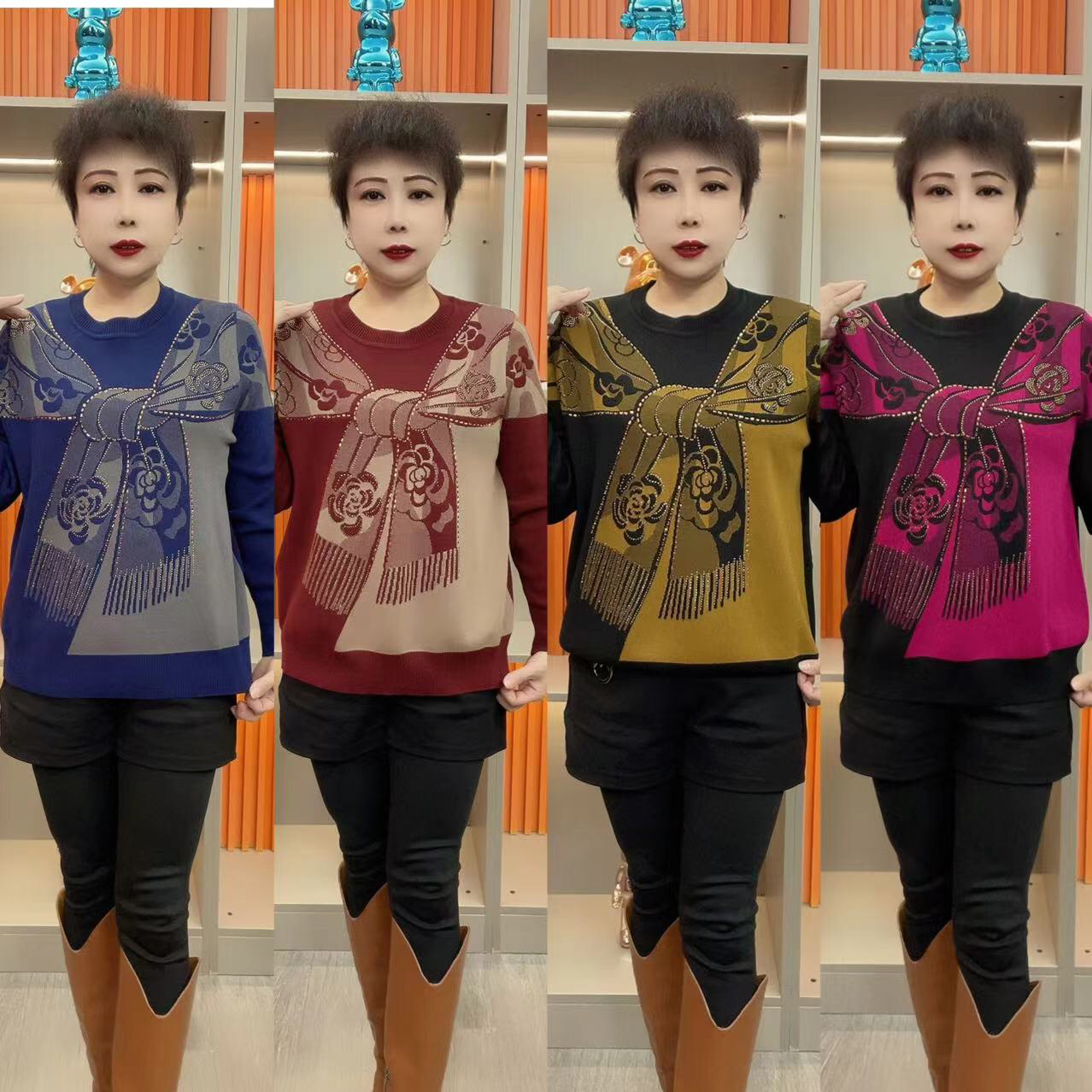 中老年冬装新款玫瑰花提花针织衫宽松百搭气质妈妈装打底上衣