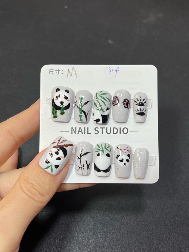 手绘熊猫国风手绘纯手工穿戴甲短甲1508