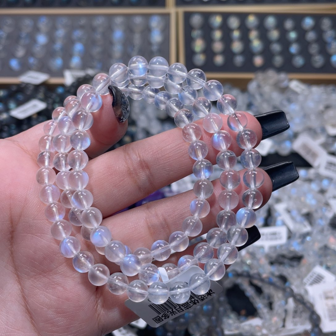 K***O手链未镶嵌长石冰透体蓝月光手链多圈5mm+