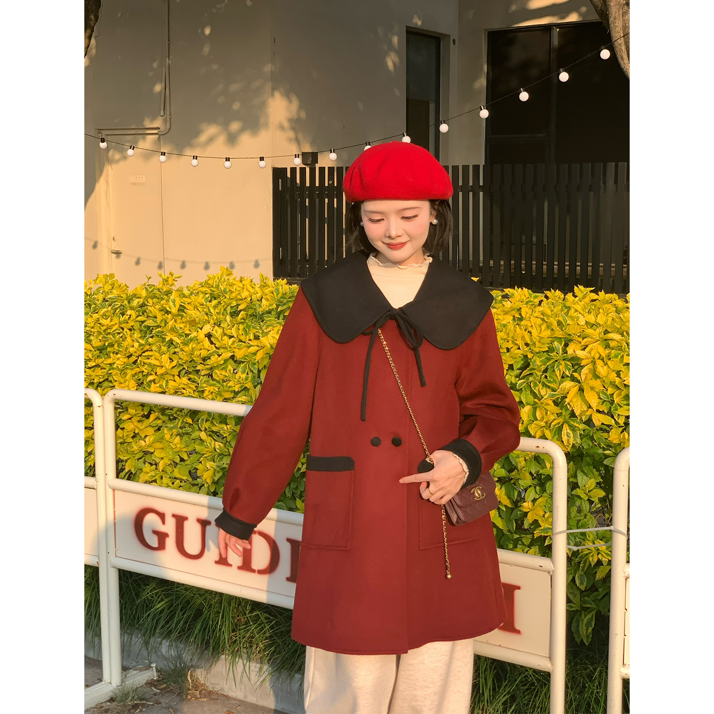 法式复古娃娃领双面呢外套女秋冬新款长袖宽松大衣WG1177