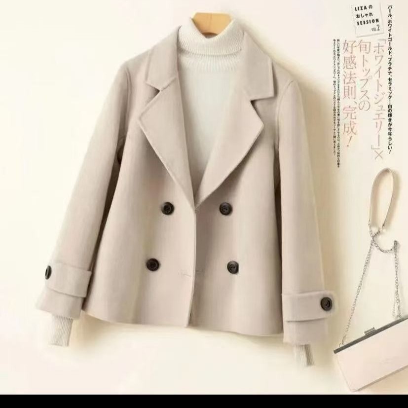 秋冬新款双面呢大衣女短款西装领宽松小个子气质百搭外套818