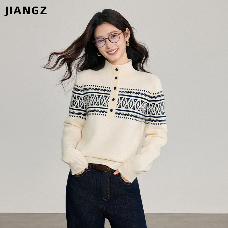 江洲【菱岛】保暖显白秋冬新款费尔岛设计款亲肤羊毛半高领套头毛衣