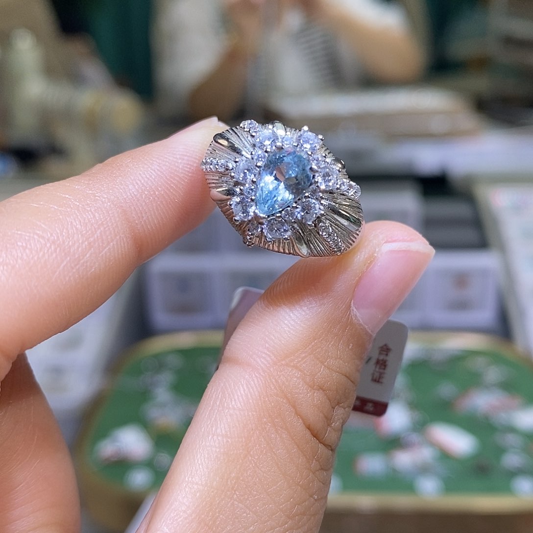 海蓝宝石戒指银S925镶嵌天然海蓝宝